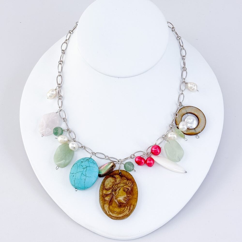 Vintage Sterling Silver 925 Turquoise Pearl Cameo Charm Necklace 17”-19”